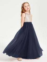 Robe Longue de Demoiselle d'Honneur Junior avec Haut en Paillettes et Jupe en Tulle Bleu Marine