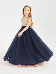 Robe Longue de Demoiselle d'Honneur Junior avec Haut en Paillettes et Jupe en Tulle Bleu Marine