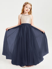 Robe Longue de Demoiselle d'Honneur Junior avec Haut en Paillettes et Jupe en Tulle Bleu Marine
