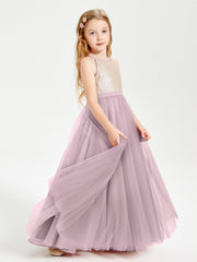 Robe Longue de Demoiselle d'Honneur Junior avec Haut en Paillettes et Jupe en Tulle Dusk