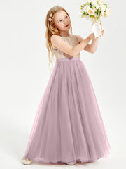 Robe Longue de Demoiselle d'Honneur Junior avec Haut en Paillettes et Jupe en Tulle Dusk