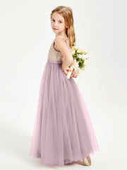 Robe Longue de Demoiselle d'Honneur Junior avec Haut en Paillettes et Jupe en Tulle Dusk