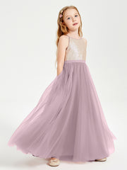 Robe Longue de Demoiselle d'Honneur Junior avec Haut en Paillettes et Jupe en Tulle Dusk