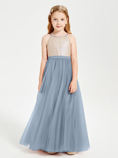 Robe Longue de Demoiselle d'Honneur Junior avec Haut en Paillettes et Jupe en Tulle Bleu Poudré