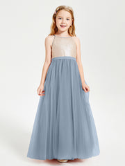 Robe Longue de Demoiselle d'Honneur Junior avec Haut en Paillettes et Jupe en Tulle Bleu Poudré