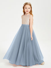 Robe Longue de Demoiselle d'Honneur Junior avec Haut en Paillettes et Jupe en Tulle Bleu Poudré