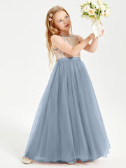 Robe Longue de Demoiselle d'Honneur Junior avec Haut en Paillettes et Jupe en Tulle Bleu Poudré