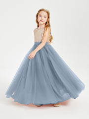 Robe Longue de Demoiselle d'Honneur Junior avec Haut en Paillettes et Jupe en Tulle Bleu Poudré