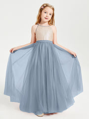 Robe Longue de Demoiselle d'Honneur Junior avec Haut en Paillettes et Jupe en Tulle Bleu Poudré