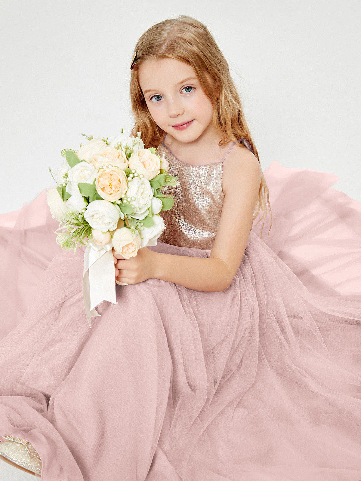 Robe Longue de Demoiselle d'Honneur Junior avec Haut en Paillettes et Jupe en Tulle Rose Poudré