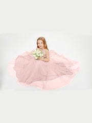 Robe Longue de Demoiselle d'Honneur Junior avec Haut en Paillettes et Jupe en Tulle Rose Poudré