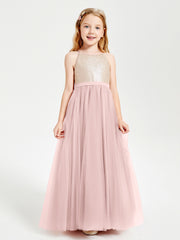 Robe Longue de Demoiselle d'Honneur Junior avec Haut en Paillettes et Jupe en Tulle Rose Poudré
