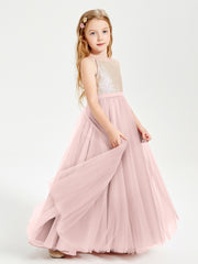 Robe Longue de Demoiselle d'Honneur Junior avec Haut en Paillettes et Jupe en Tulle Rose Poudré