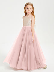 Robe Longue de Demoiselle d'Honneur Junior avec Haut en Paillettes et Jupe en Tulle Rose Poudré