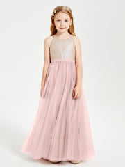 Robe Longue de Demoiselle d'Honneur Junior avec Haut en Paillettes et Jupe en Tulle Rose Poudré