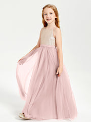 Robe Longue de Demoiselle d'Honneur Junior avec Haut en Paillettes et Jupe en Tulle Rose Poudré