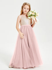 Robe Longue de Demoiselle d'Honneur Junior avec Haut en Paillettes et Jupe en Tulle Rose Poudré