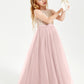 Robe Longue de Demoiselle d'Honneur Junior avec Haut en Paillettes et Jupe en Tulle Rose Poudré