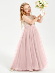 Robe Longue de Demoiselle d'Honneur Junior avec Haut en Paillettes et Jupe en Tulle Rose Poudré