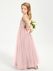 Robe Longue de Demoiselle d'Honneur Junior avec Haut en Paillettes et Jupe en Tulle Rose Poudré
