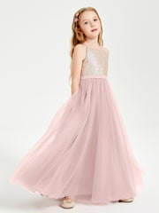 Robe Longue de Demoiselle d'Honneur Junior avec Haut en Paillettes et Jupe en Tulle Rose Poudré