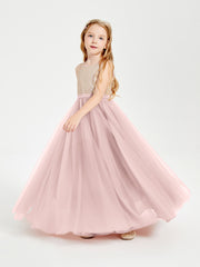 Robe Longue de Demoiselle d'Honneur Junior avec Haut en Paillettes et Jupe en Tulle Rose Poudré