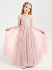 Robe Longue de Demoiselle d'Honneur Junior avec Haut en Paillettes et Jupe en Tulle Rose Poudré