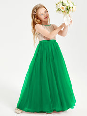 Robe Longue de Demoiselle d'Honneur Junior avec Haut en Paillettes et Jupe en Tulle Emeraude