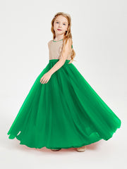 Robe Longue de Demoiselle d'Honneur Junior avec Haut en Paillettes et Jupe en Tulle Emeraude