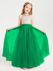 Robe Longue de Demoiselle d'Honneur Junior avec Haut en Paillettes et Jupe en Tulle Emeraude