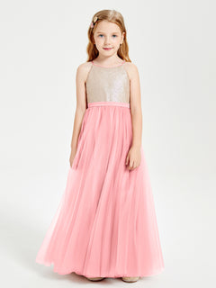 Robe Longue de Demoiselle d'Honneur Junior avec Haut en Paillettes et Jupe en Tulle Flamant