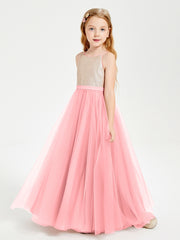 Robe Longue de Demoiselle d'Honneur Junior avec Haut en Paillettes et Jupe en Tulle Flamant