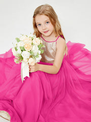 Robe Longue de Demoiselle d'Honneur Junior avec Haut en Paillettes et Jupe en Tulle Fuchsia