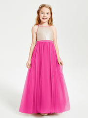 Robe Longue de Demoiselle d'Honneur Junior avec Haut en Paillettes et Jupe en Tulle Fuchsia