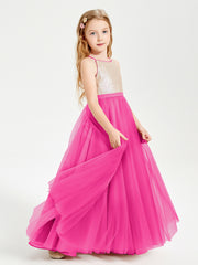 Robe Longue de Demoiselle d'Honneur Junior avec Haut en Paillettes et Jupe en Tulle Fuchsia