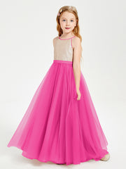 Robe Longue de Demoiselle d'Honneur Junior avec Haut en Paillettes et Jupe en Tulle Fuchsia