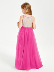 Robe Longue de Demoiselle d'Honneur Junior avec Haut en Paillettes et Jupe en Tulle Fuchsia