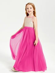 Robe Longue de Demoiselle d'Honneur Junior avec Haut en Paillettes et Jupe en Tulle Fuchsia