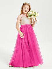 Robe Longue de Demoiselle d'Honneur Junior avec Haut en Paillettes et Jupe en Tulle Fuchsia