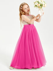 Robe Longue de Demoiselle d'Honneur Junior avec Haut en Paillettes et Jupe en Tulle Fuchsia