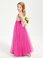 Robe Longue de Demoiselle d'Honneur Junior avec Haut en Paillettes et Jupe en Tulle Fuchsia