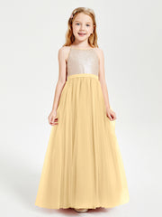 Robe Longue de Demoiselle d'Honneur Junior avec Haut en Paillettes et Jupe en Tulle Or