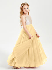 Robe Longue de Demoiselle d'Honneur Junior avec Haut en Paillettes et Jupe en Tulle Or