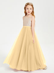 Robe Longue de Demoiselle d'Honneur Junior avec Haut en Paillettes et Jupe en Tulle Or
