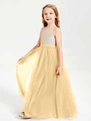Robe Longue de Demoiselle d'Honneur Junior avec Haut en Paillettes et Jupe en Tulle Or