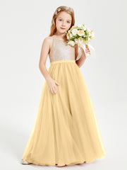 Robe Longue de Demoiselle d'Honneur Junior avec Haut en Paillettes et Jupe en Tulle Or