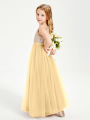 Robe Longue de Demoiselle d'Honneur Junior avec Haut en Paillettes et Jupe en Tulle Or