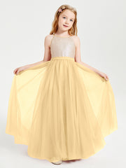 Robe Longue de Demoiselle d'Honneur Junior avec Haut en Paillettes et Jupe en Tulle Or