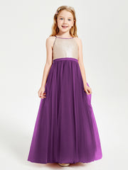 Robe Longue de Demoiselle d'Honneur Junior avec Haut en Paillettes et Jupe en Tulle Raisin