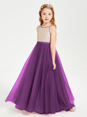 Robe Longue de Demoiselle d'Honneur Junior avec Haut en Paillettes et Jupe en Tulle Raisin